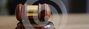 Close up of wooden judge gavel on table, copy space for text.