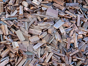 Close up wooden pieces stacked prior to use as fuel