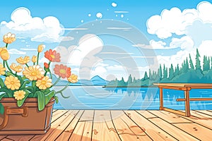 close-up of wooden planks on dock, cottage, and lake in the background, magazine style illustration