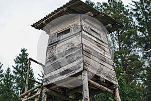 Close up of wooden rural watch tower for hunters.