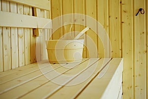 Wooden sauna bucket accessories interior of sauna spa