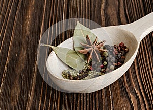 Close-up of a wooden spoon filled with spices