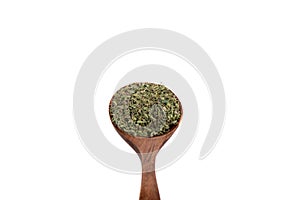 Close-up of wooden spoon full of dried thyme isolated on white background.