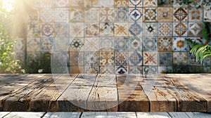 Close-up wooden table tiled wall background
