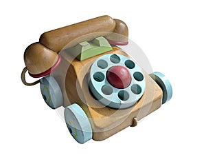 Close up of wooden toy telephone with coloured dials and wheels isolated on white background