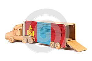 Close-up of a wooden toy truck