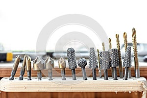Close-up woodwork tool set. Rasp-file burr countersink kit. Carpentry woodworking workshop concept