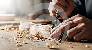 Close up of a woodworker carving wood with a chisel and shavings