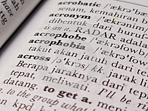 a close up of the word acrophobia in the English to Indonesian dictionary