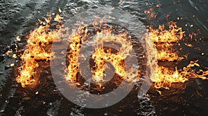 A close up of the word fire written in flames on a black background, AI