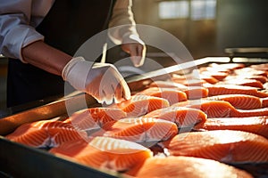 Close-up of a worker's hands sorting salmon fillets on a conveyor belt at a fish processing plant.