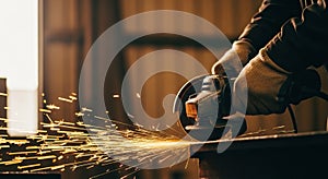 Close-up of a worker's hands using an angle grinder, creating a shower of sparks.