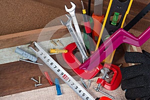 Close up working tools concepts, Carpentry construction hardware tools in the box. Set of working tools in wooden box.