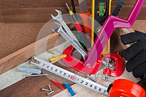 Close up working tools concepts, Carpentry construction hardware tools in the box. Set of working tools in wooden box.