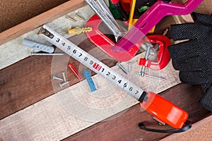 Close up working tools concepts, Carpentry construction hardware tools in the box. Set of working tools in wooden box.