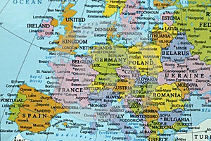 close up world map with europe continent, countries and oceans