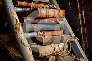 close-up of worn ladder rungs holding books