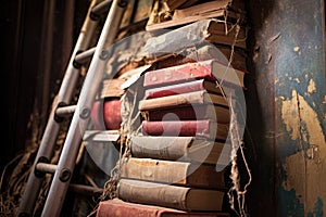 close-up of worn ladder rungs holding books