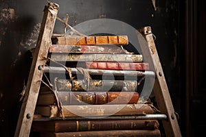 close-up of worn ladder rungs holding books