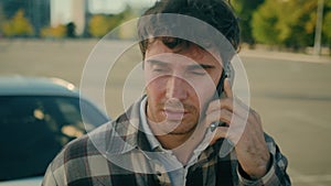 Close up worried frustrated stressed Caucasian man car driver talking mobile phone displeased businessman male guy speak