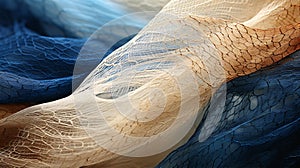 A close-up of a woven fabric composed of beige and blue yarn