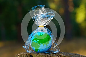 Close-up of a Wrapped Globe Placed on a Forest Stump