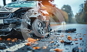 Close-up of a wrecked cars damaged front side after a severe road collision, with debris scattered on the asphalt in the