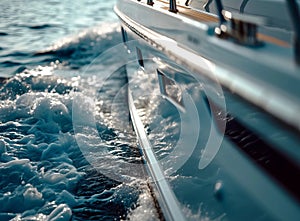 Close-up of a yacht’s side gliding through the blue sea, creating a beautiful splash.
