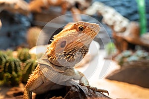 Close-up of a yellow colorful pogona in a vivarium