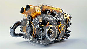 A close up of a yellow engine on a gray background