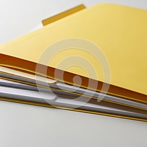 Close-up of a Yellow File Folder with Documents Inside on a White Surface