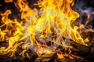 Flames of a fire in the dark. The close-up of yellow fire and dark as a background