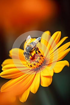 Close up of yellow flower with bee on a dark background