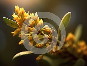 Close-up of yellow flowers on branch of plant. These flowers are in full bloom, with their petals open and facing