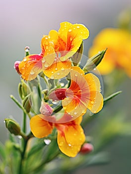 Close-up of yellow flowers with droplets of water on them. These droplets are located in center of flower, adding an