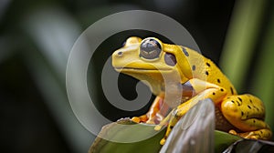 Close-up of a yellow frog on a heliconia plant