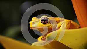 Close-up of a yellow frog on a heliconia plant