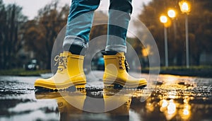 Close up yellow galoshes during the rainy day. Puddles on the street.