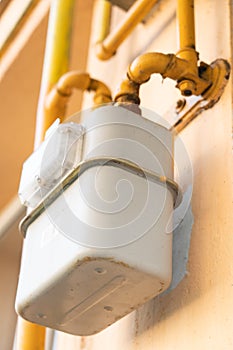 Close-up of yellow gas pipe connection