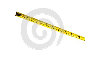 Close up yellow measuring tape isolated on white background. Tape measure is a measuring tools for construction. Measurement in in