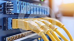 Yellow Network Cables Connected to Blue Server Ports