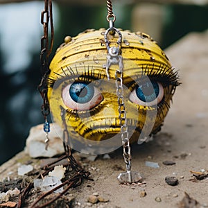 a close up of a yellow object with blue eyes