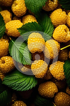 Close-up of yellow raspberries with green leaves