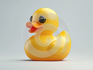 A close-up of a yellow rubber duck against a plain background.