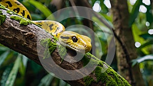Yellow Tree Python Snake Resting On A Moss Covered Branch In The Rainforest