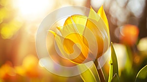 Close-up of a yellow tulip with sunlit background