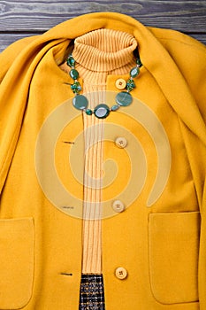 Close up yellow warm winter clothing.