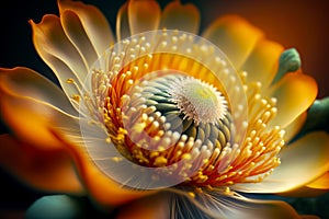 Close up of yellow and white flower with blurry background. Generative AI