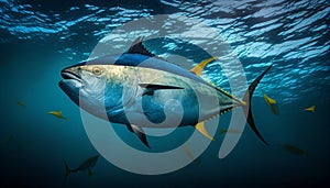 Close up of yellowfin tuna in the ocean. AI Generated