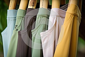 close-up of yoga pants, with their ecofriendly and ethical credentials on full display
